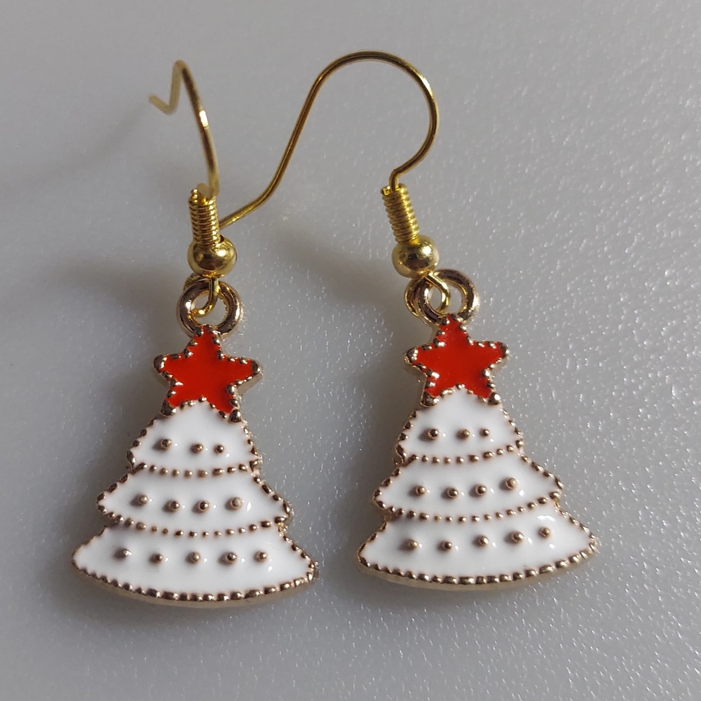 Christmas tree white gold and red star earrings